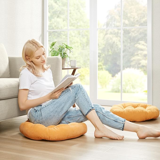 Floor Cushion Pillow Set of 2, Round Large Pillows Seating for Adults, Tufted Corduroy Cushions for Living Room Tatami, Orange Yellow, 22 Inch - Bloomnest