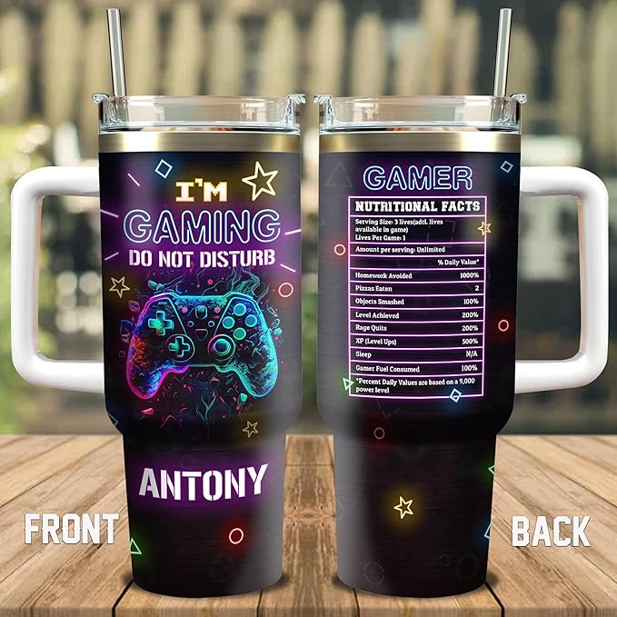 WAZONE Personalized Gamer Tumbler Nutrition Facts Customized Gaming Tumbler 40oz with Handle and Straw Insulated Travel Mugs Birthday Christmas Gifts for Video Game Lovers Pro Gamers Men Women - Bloomnest