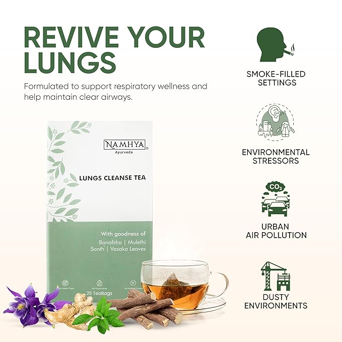 Namhya Ayurveda Lungs Cleanse Tea for Better Respiratory Health, Clear Breathing, Cough & Congestion - Herbal Lung Detox Tea with Tulsi, Dry Ginger & Mulethi for Smokers – 25 teabags - Bloomnest