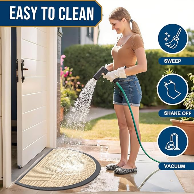 Smiry Half Circle Front Door Mat Outside Entrance, Heavy Duty Sturdy Natural Rubber Doormat, Trap Dirt and Moisture, Low Profile Mats for Indoor Outdoor Entry, Irregular Triangle (29.5x17, Beige) - Bloomnest
