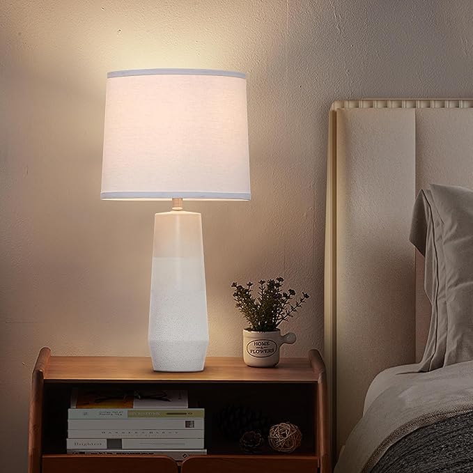 25.25" White Ceramic Table Lamps for Living Room, Ceramic White Lamps Set of 2 for Nightstand, Minimalist Beige Table Lamp Set of 2 for Bedroom, Console Reading Table Lamps - Bloomnest