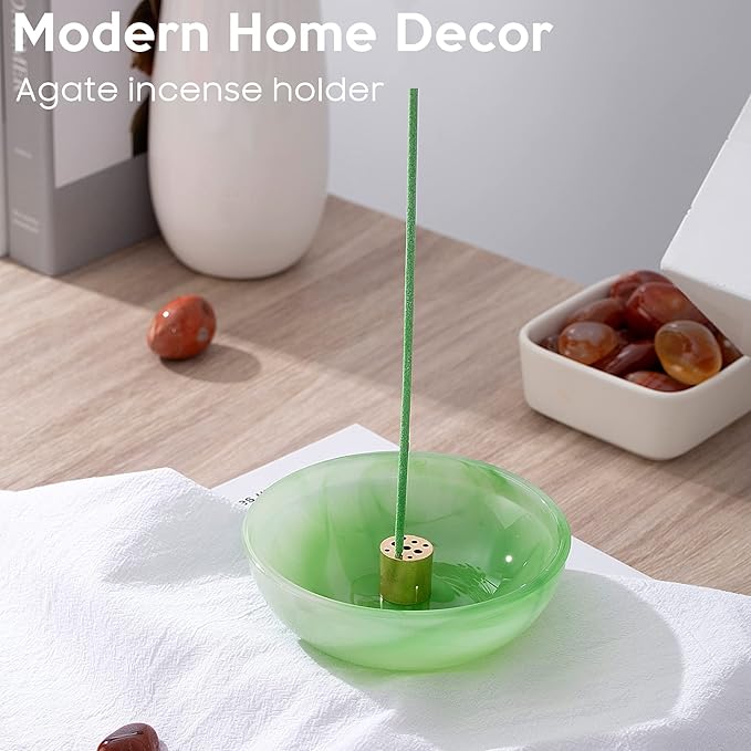 Incense Holder, Multi-Purpose Design Agate Incense Burner ash Catcher with Brass 9 Holes Incense Stick Holder for Home Decor Yoga Spa Madiation (Agate Green) - Bloomnest