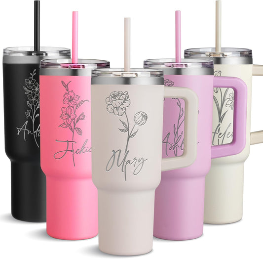 Engraved 40 Oz Tumbler with Handle and Straw - Personalized Name and Birth Flower, Double-Wall Insulated Mug - Birthday Gifts for Women, Rose Quartz