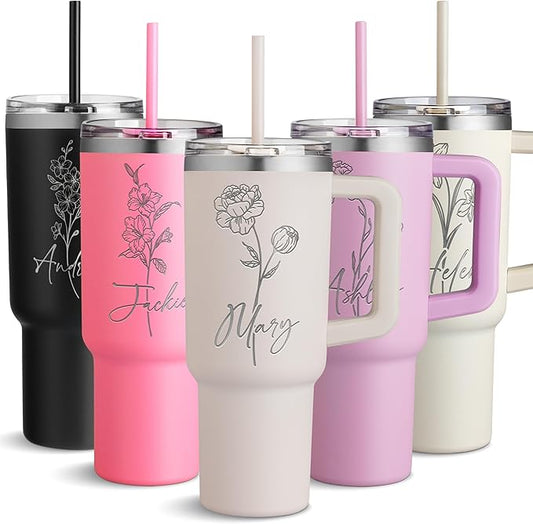 Engraved 40 Oz Tumbler with Handle and Straw - Personalized Name and Birth Flower, Double-Wall Insulated Mug - Birthday Gifts for Women, Rose Quartz - Bloomnest