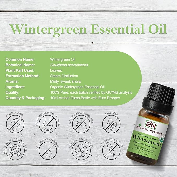 Wintergreen Essential Oil, USDA Certified Organic, 100% Pure Undiluted, Aromatherapy Oil for Diffuser, Hair & Skin Care NirvanaNurture