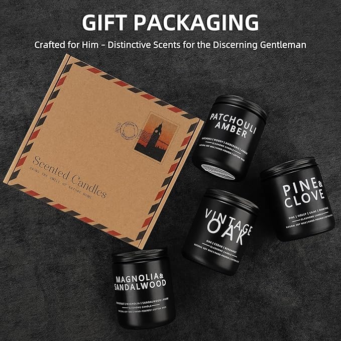 Candles for Men, 4 Pack Scented Candles, Gifts for Father Dad Day, 50 Hours Long Burning Soy Candles for Home Scented (Pine/Sandalwood/Patchouli/Oak) - Bloomnest