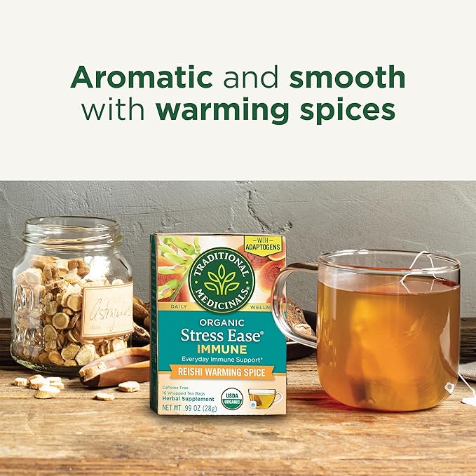 Traditional Medicinals Organic, Stress Ease Immune with Adaptogens, Reishi Warming Spice - Immune Support with Astragalus - Kosher, Non-GMO, Caffeine-Free, Compostable - 16 Count (Pack of 2) - Bloomnest