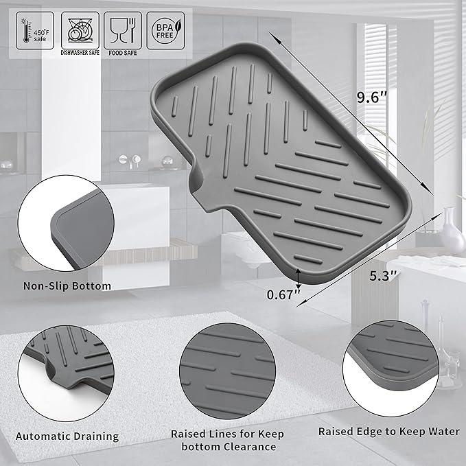Silicone Bathroom Soap Dishes with Drain Spout-Bathroom and Kitchen Sink Organizer,Sponge Holder,Dish Soap Tray,Perfect for Dispenser,Scrubber,Bottle,Cup on Sink or Counter-Grey 9.6"×5.3" - Bloomnest