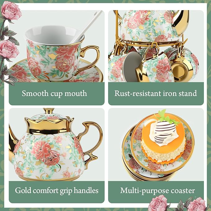 20 Pcs Porcelain Tea Set with Metal Holder, Adult Tea Set Gift, European Ceramic Tea Set for Adults, Flower Tea Cup Saucer Set for Party With Gold Flower Painting (Vibrant Green) - Bloomnest
