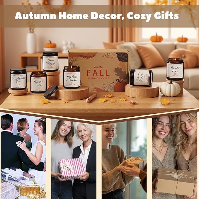 Auelife Fall Scented Candles - Pumpkin Candle Set of 6 | Ginger, Apple, Cake, Caramel, Latte & Spiced Pumpkin Soy Candles | Autumn Candle for Home Décor & Gifts for Women, Cozy Fall Aromatherapy - Bloomnest