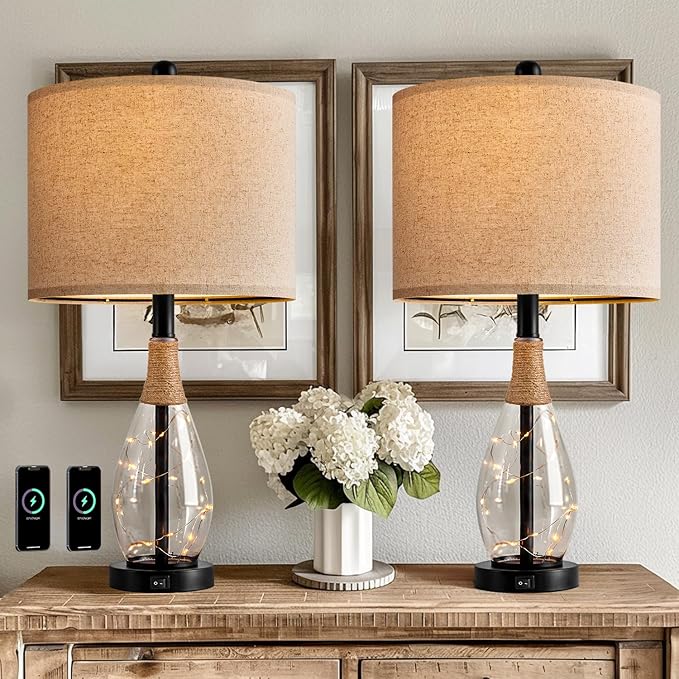 OYEARS 23" Table Lamps for Living Room Set of 2 Bedside Lamps for Night Stands Bedroom Lamps Farmhouse Rattan Boho Lamp Glass Nightlight End Table Lamp with USB C+A (Black),Two Light Points - Bloomnest