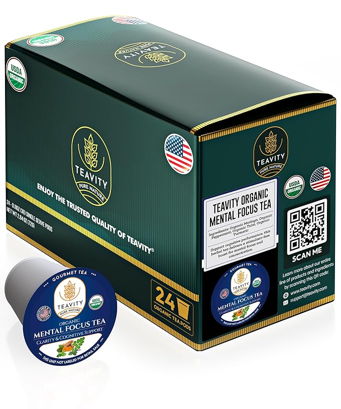 Teavity Organic Mental Focus Tea Pods (24 Count) - Moringa, Peppermint, Holy Basil & Turmeric - Naturally Decaf - Keurig Compatible - Bloomnest