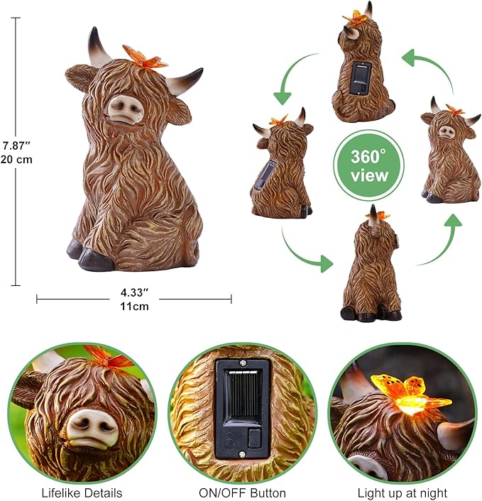 Solar Garden Statue Highland Cow Figurine – Outdoor Decoration with Butterfly for Garden Yard Lawn Home Decor Outside : Unique Gifts for Mom Grandma - Bloomnest