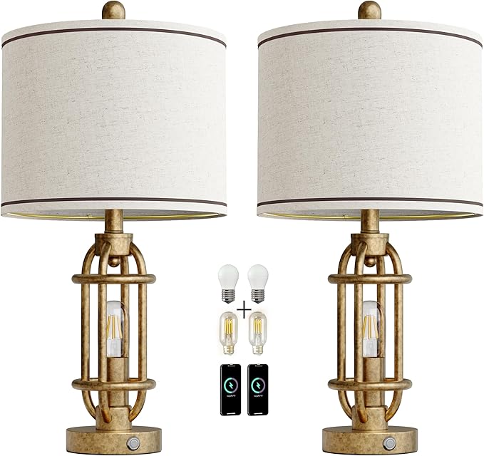 23.75'' Table Lamps Set of 2 for Living Room Bedroom Industrial Farmhouse Metal Touch Lamps with USB A+C Ports, Night Light Vintage Nightstand Bedside Lamp, Bulbs Included, Champagne Gold - Bloomnest