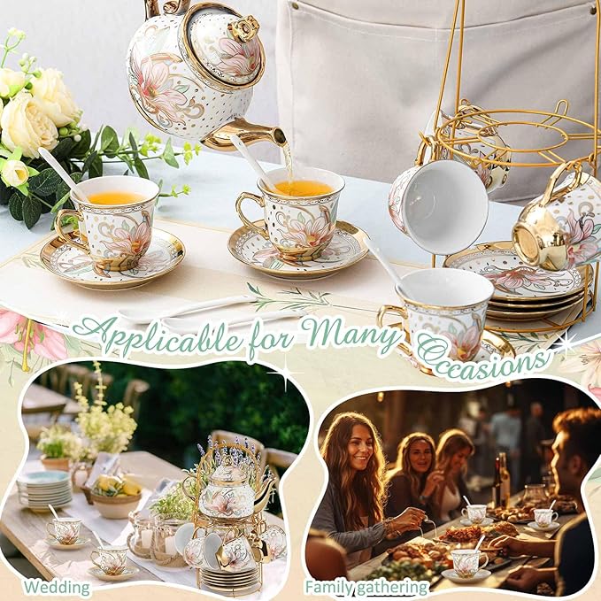 Zhehao 20 Pcs Porcelain Tea Set with Metal Holder and Spoon Adult Ceramic Tea Set European Flower Painting Teapot Cup Saucer Spoon for Women, Large Version(Traditional Style) - Bloomnest