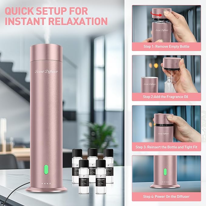 Waterless Scent Diffuser Starter Kit - 1000 Sq Ft Coverage, Hotel Scent Diffuser, Essential Oil Diffuser Large Room, Included 5 Scent Oils, Remote Control, Rosepink - Bloomnest