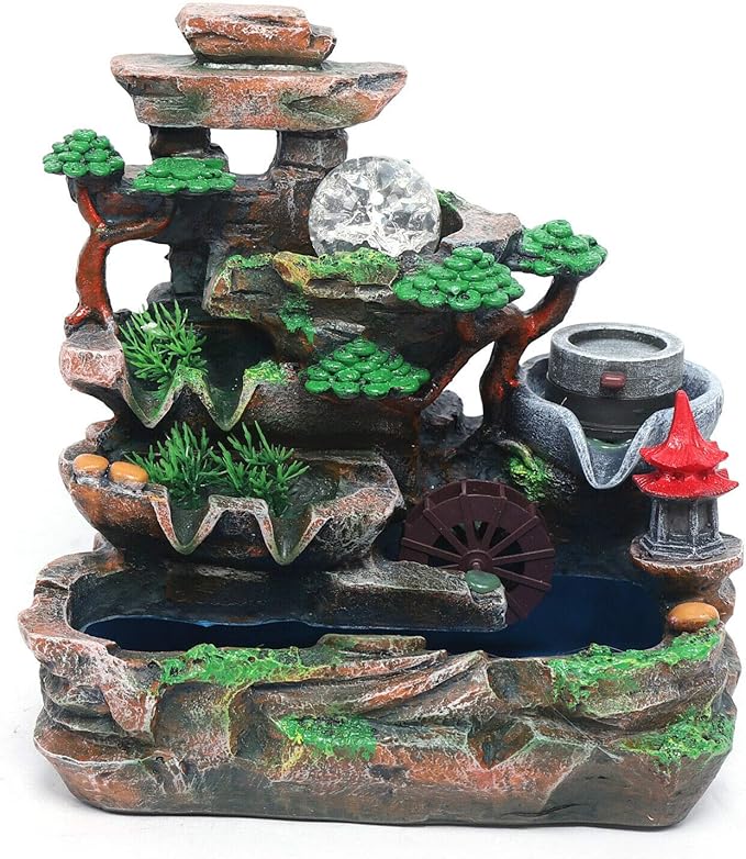 Tabletop Fountain Decorations,Tabletop Fountain Indoor Humidifier with Rockery Mountain Waterfalls,Plant,LED Light,Rockery Crafts Gift Fountain for Home Office Bedroom Desk Ornaments,US Stock