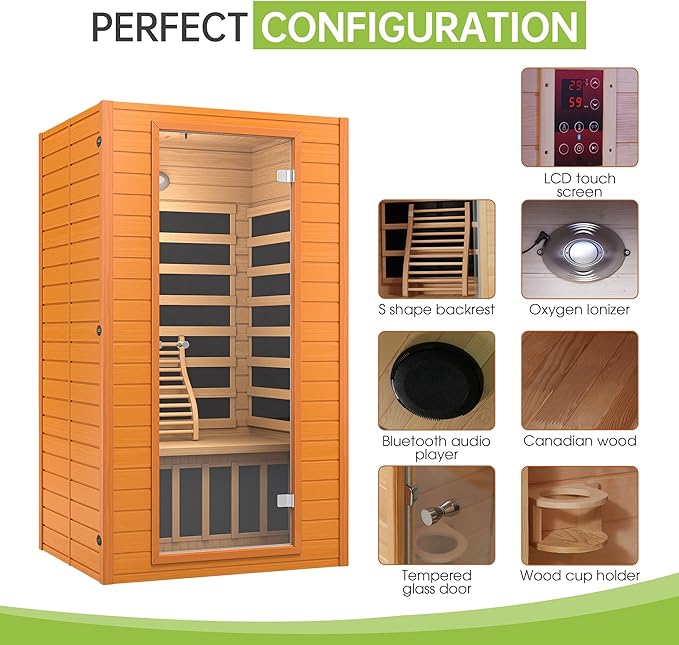 Real Relax Infrared Sauna for Home, Home Infrared Saunas up to 1-2 Persons, Canadian Hemlock Wooden Indoor Dry Sauna Room with Low Emf Red Light Therapy, 9-Color Chromotherapy Lights RealRelax