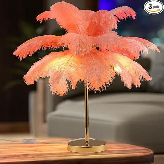 MAYOLA Modern Ostrich Feather Table Lamp with Plug in Wire,3-Light Bedside Floor Lamp for Living Room, Bedroom and Office 24” Tall Feather Desk Lamp (Pink, Table Lamp-Metal) - Bloomnest