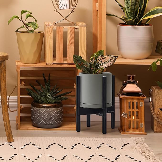 D'vine Dev Ceramic Planter with Ebony Stand - 8 Inch Modern Round Flower Pot with Wood Planter Holder, Grey, 55-B-M-3 - Bloomnest