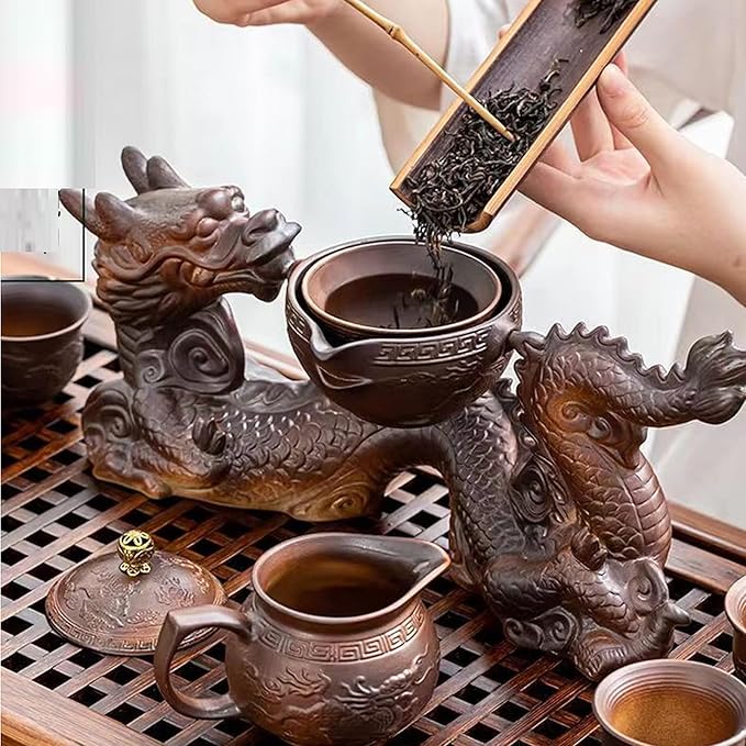 Chinese Gongfu Tea Set Gift Box, Chinese Dragon Shape, Pure Hand Firing, with 360Rotating Teapot and Infuser, Suitable for Office, Home, Gift (Dragon Legend)