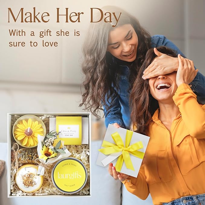 Birthday Gifts for Women – Yellow Sunshine Spa Gift Box, Luxury Bath & Self Care Care Package with Citrus & Amber Scent for Mom, Sister or Friend