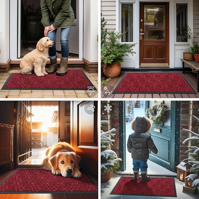 Smiry Front Door Mat Outside Entrance, Heavy Duty Sturdy Natural Rubber Doormat, Trap Dirt and Moisture, Easy Clean Low Profile Mats for Indoor Outdoor Entry, Grid Geometric (47x32, Wine Red) - Bloomnest