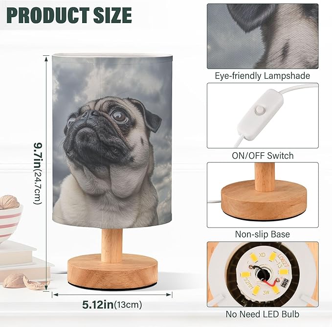 Table Lamp Pug Dog Grey Cloud Sky Nightstand Lamp with Wood Base Fabric Lamp Shade Bedside Desk Lamp for Living Room Bedroom Kids Room Office - Bloomnest