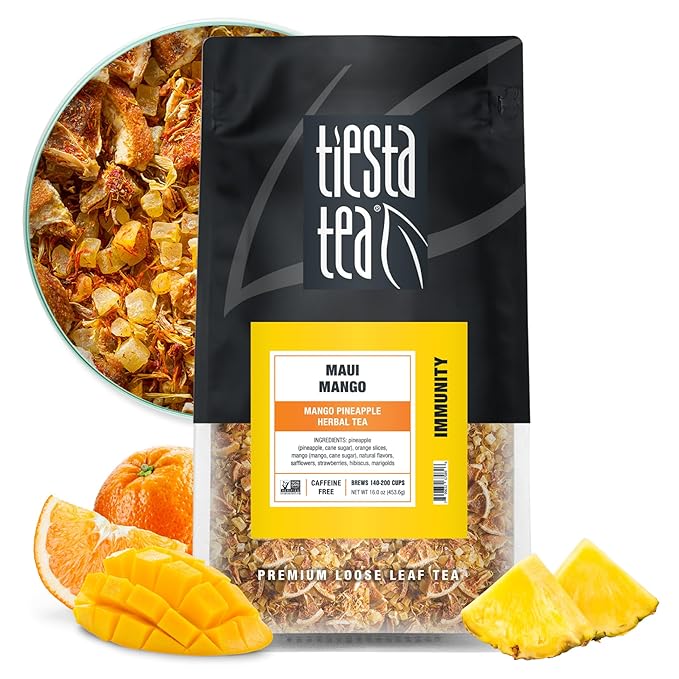 Tiesta Tea Maui Mango, Loose Leaf, Mango Pineapple Herbal Tea, Premium Non-Caffeinated Fruit Blend, Makes Hot or Iced & Brews Up to 200 Cups, 16 Ounce Resealable Bulk Pouch - Bloomnest