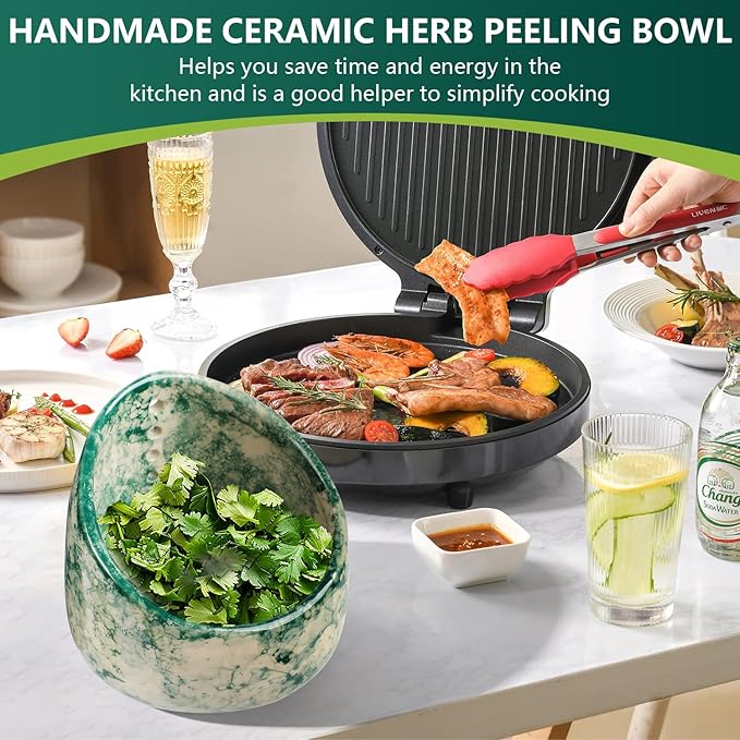 Pottery Herb Stripper Bowl, Handmade Ceramic Herb Peeling Bowl, for Separating Leaves and Stems (Green) - Bloomnest