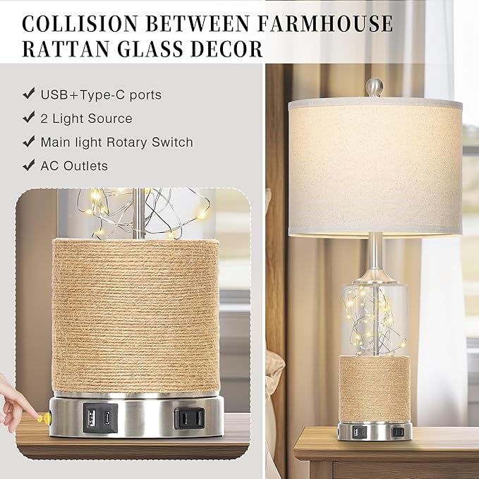 25" Coastal Glass Lamps Set of 2, Touch Control 3-Way Dimmable Night Light Modern Table Lamp with USB A+C Ports & AC Outlets Linen Fabric Shade for Living Room Bedroom Silver Ocean(LED Bulbs Included) - Bloomnest