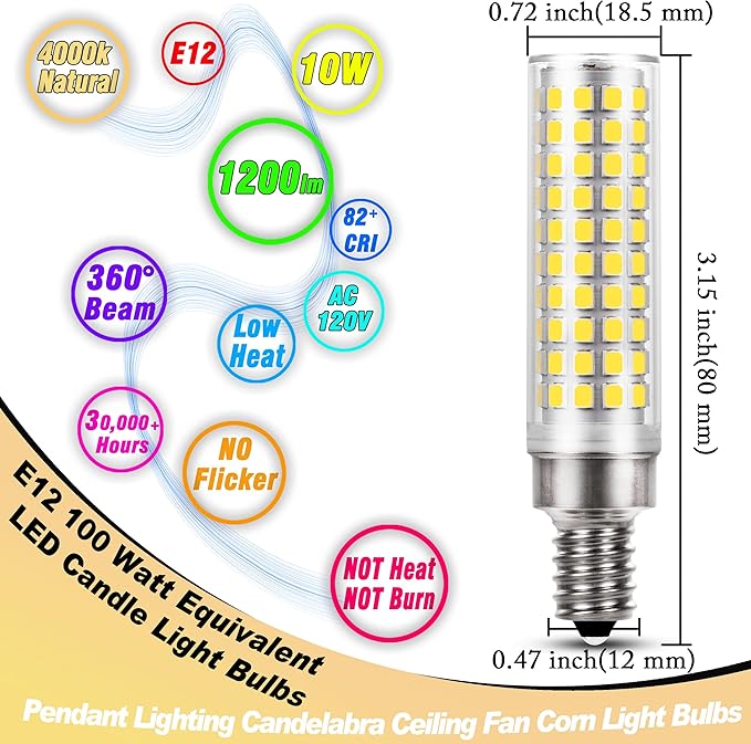 E12 100 Watt Equivalent LED Corn Bulbs 10W 4000K Natural White 1200lm 120V C7 T6 E12 LED Ceiling Fan Light Bulbs for Chandelier Pendant Lighting Candelabra Light Bulbs, Non-dimmable, 4 Pack - Bloomnest
