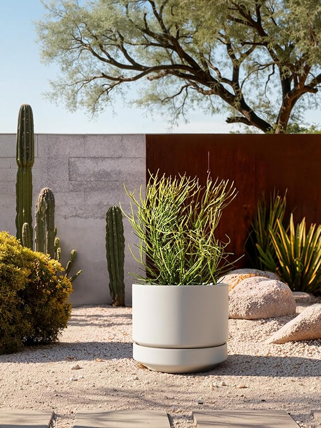 LE TAUCI Large 14 Inch Plant Pot with Saucer | Ceramic Outdoor & Indoor Big Planter Pot | Drainage Hole, Mesh Pad & Plug | Unglazed Porous | Modern Minimalist for Home and Patio – Chalk White - Bloomnest