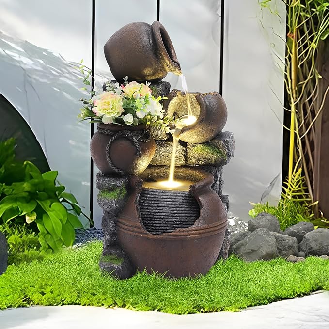 TITIMO Outdoor Water Fountain with Flower Pot and Lights - Cascading Pitchers Farmhouse Fountains and Waterfalls, Garden Fountain Patio Decor, Waterfall Fountains Indoor and Outdoor - Bloomnest