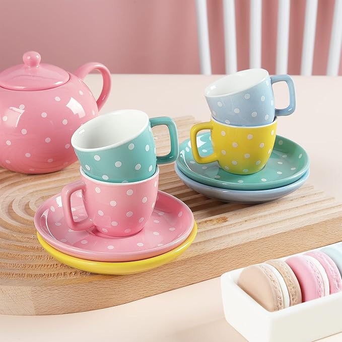 fanquare Porcelain Tea Set for Little Girls,12 Pieces Pretend Play Coloful Tea Set with Pink Box for Kid's Birthday - Bloomnest