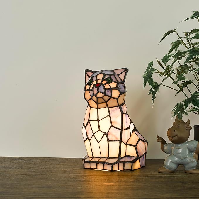 Tiffany Cat Lamp Blue and White Stained Glass Animal Table Lamp Accent Lamp - Bloomnest
