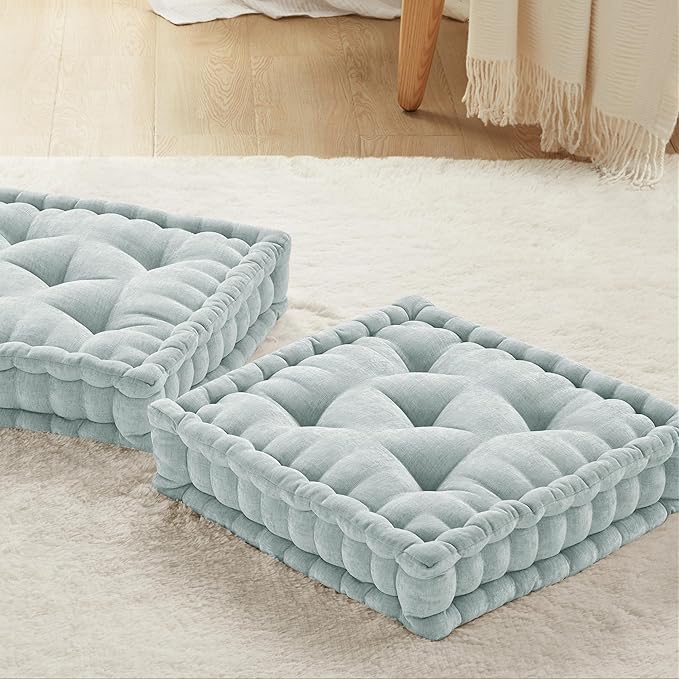 Codi INNA Floor Cushions for Adults, Cute Pillows Seating for Meditation, Square Tufted Chenille Cushion, Living Room, Fireplace, Reading Nook, Aqua 2 Pack