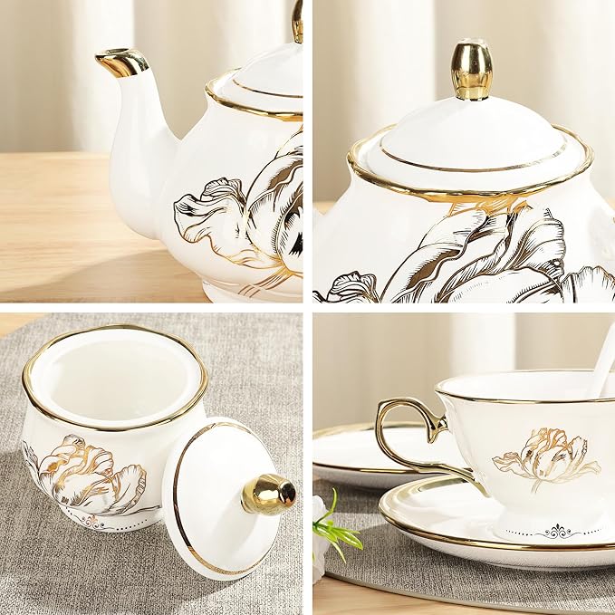 fanquare British Porcelain Tea Coffee Set 22 Piece New Bone China Gold Tulip Tea Service for Afternoon Tea, 6 TeaCup and Saucers with Metal Holder for Home Wedding Birthday - Bloomnest