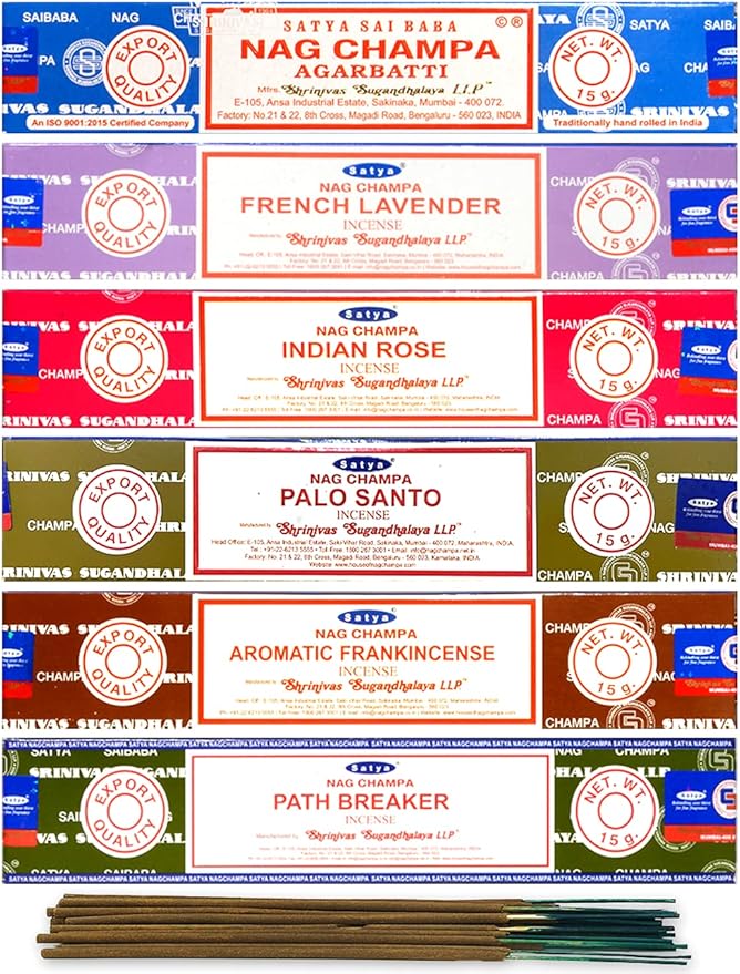Satya Organic Incense Sticks- Gift Set of 6 Pack - Nag Champa,Indian Rose,French Lavender,Aromatic Frankincense, Palo Santo,Path Breaker, Natural Incense Sticks 15 Grams x 6 Pack, Blue Satya