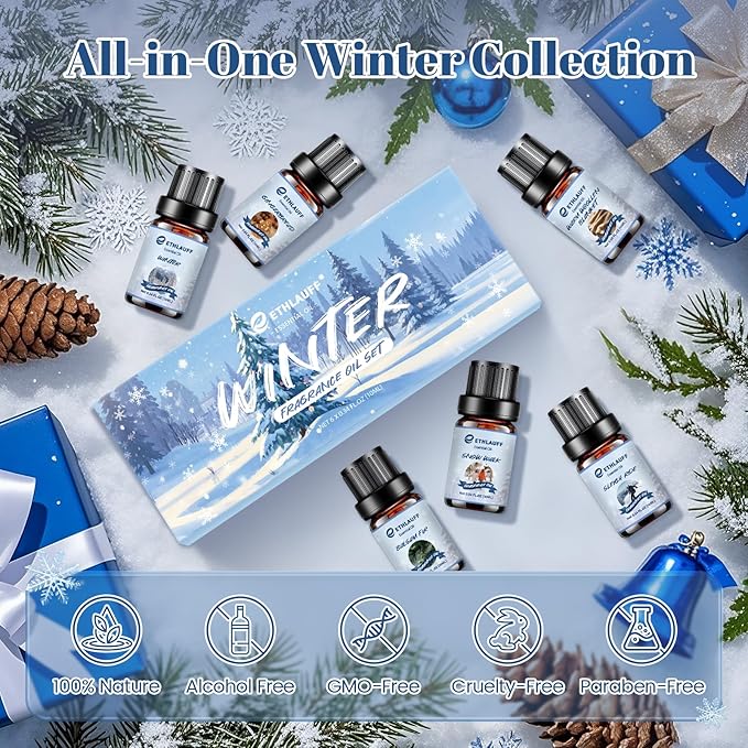 Essential Oils Set, Winter, Warm Woollen Blanket, Balsam Fir, Snow Walk, Sleigh Ride, Gingerbread - Bloomnest
