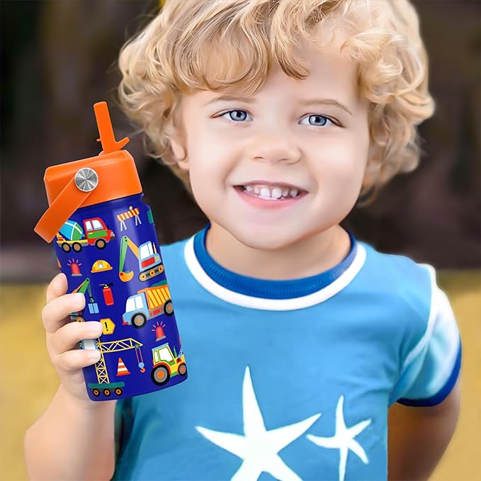 Construction Water Bottle - Kids Water Bottle with Straw Lid - 12 Oz Insulated Stainless Steel Water Bottles for Kid Boys - Travel Cup for School Sports - Bloomnest