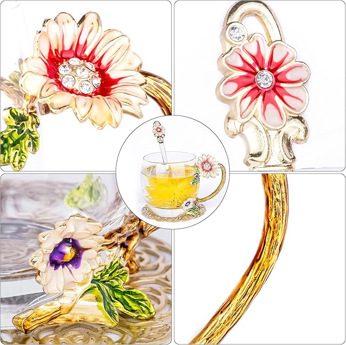 Flower Tea Cup,Butterfly Daisy Glass Fancy Coffee Mug with Spoon,Gift Box for Her Mom Wife Grandma Girls Friends Valentines Christmas Birthday Present Idea for Juice,Hot/Cold Drinks Use (purple-A) - Bloomnest