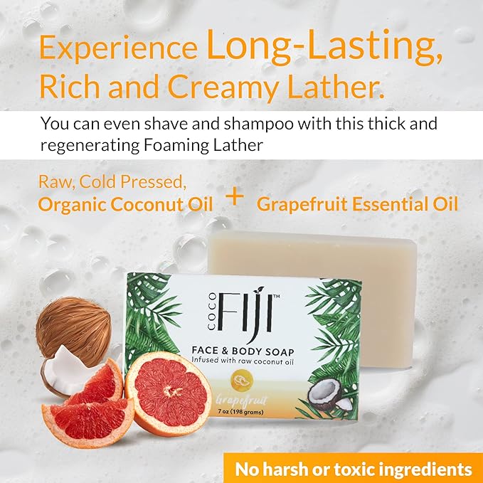 Coco Fiji Soap Bar for Face and Body Infused With Organic Coconut Oil, Grapefruit, Essential Oil, Natural Soap for Moisturizing & Pore Purifying Skin, 7 oz,Pack of 3
