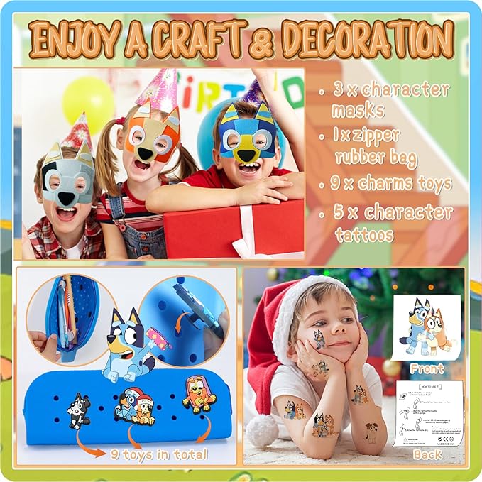 The Blue Heelers Gifts Set: Bath Bombs with Toys Inside, Shower Steamers, Felt Masks, Tattoos, Rubber Bag, Shoe Charms, Collapsible Cup, Storage Bag, Coloring, Gift Card&Sticker, Kids Best Gifts - Bloomnest