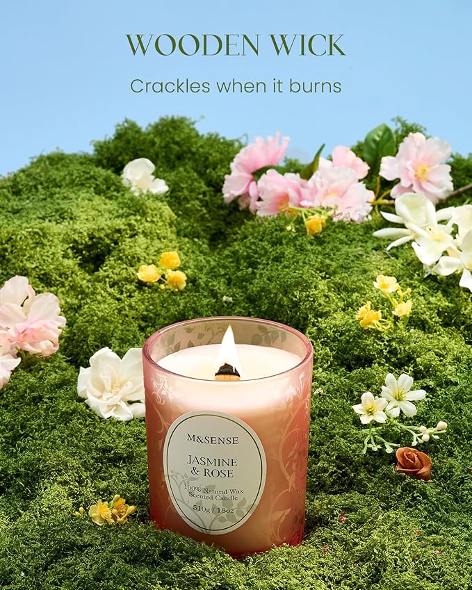 M&SENSE Jasmine Rose Candle, Cracking Wooden Wick Soy Wax, 18oz 100 Hours Long Lasting Clean Burn, Large Jar Candles for Home Scented, Non-Toxic Relaxing Aromatherapy Gifts for Women - Bloomnest