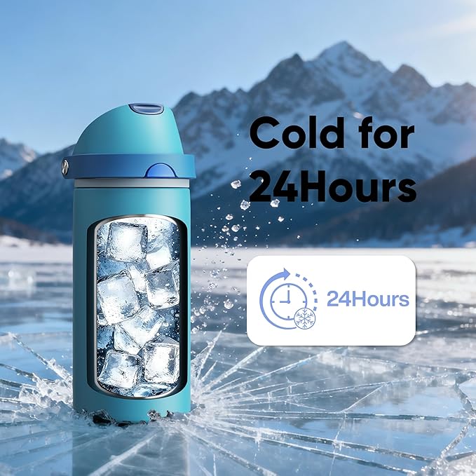 Insulated Water Bottle with Straw - Encool Stainless Steel Water Bottle with Push Button Lid, Leak-Proof & BPA-Free, Keeps Cold for 24 Hours for Sports, Travel, Gym (18 oz, Silk Blue) ENCOOL