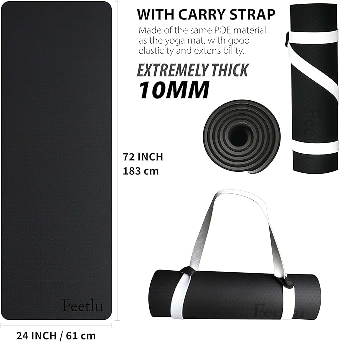 Extra Thick Exercise Yoga Mat with Strap - 2/5 Inch (10MM), Non-Slip Workout Mat for Yoga, Pilates, and Floor Exercises - Bloomnest