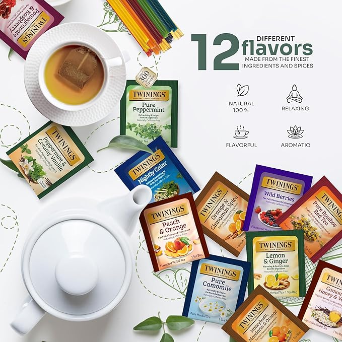 Twinings 48 Tea Bags Herbal Variety Pack – 12 Herbal Flavors with 20 Honey Sticks, Perfect Tea Gift Set for Any Occasion - Bloomnest