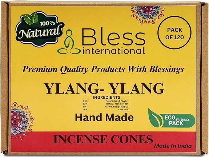 Bless International YLANG-YLANG 100%-Natural-Incense-Cones Handmade-Hand-Dipped Organic-Chemicals-Free for-Purification-Relaxation-Positivity-Yoga-Meditation The-Best-scents (120 Count)