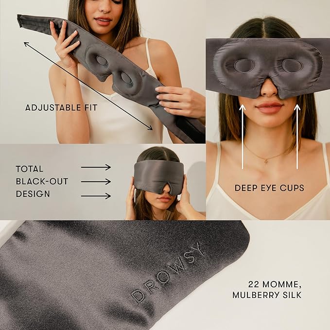 DROWSY Eyelash Protecting Silk Sleep Mask for Natural Lashes & Extensions. Deep Eye Cups, Zero Pressure, Total Blackout, Full Wraparound (Moonlight Shadow)
